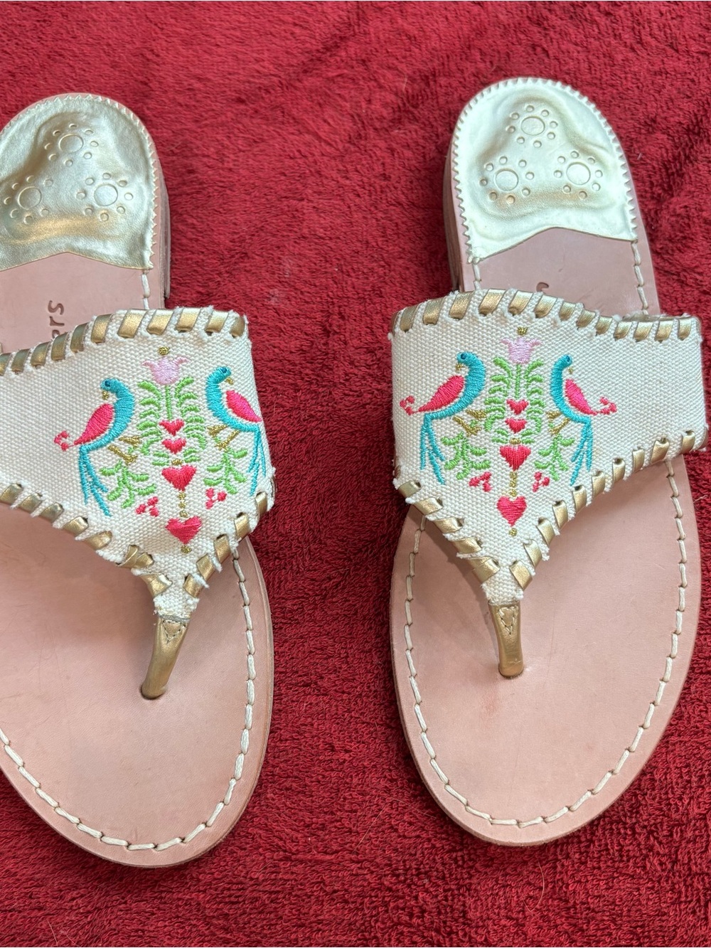 Jack Rogers. Embroidered Bird Canvas Thong Sandals - Gold Trim, Pink & Teal